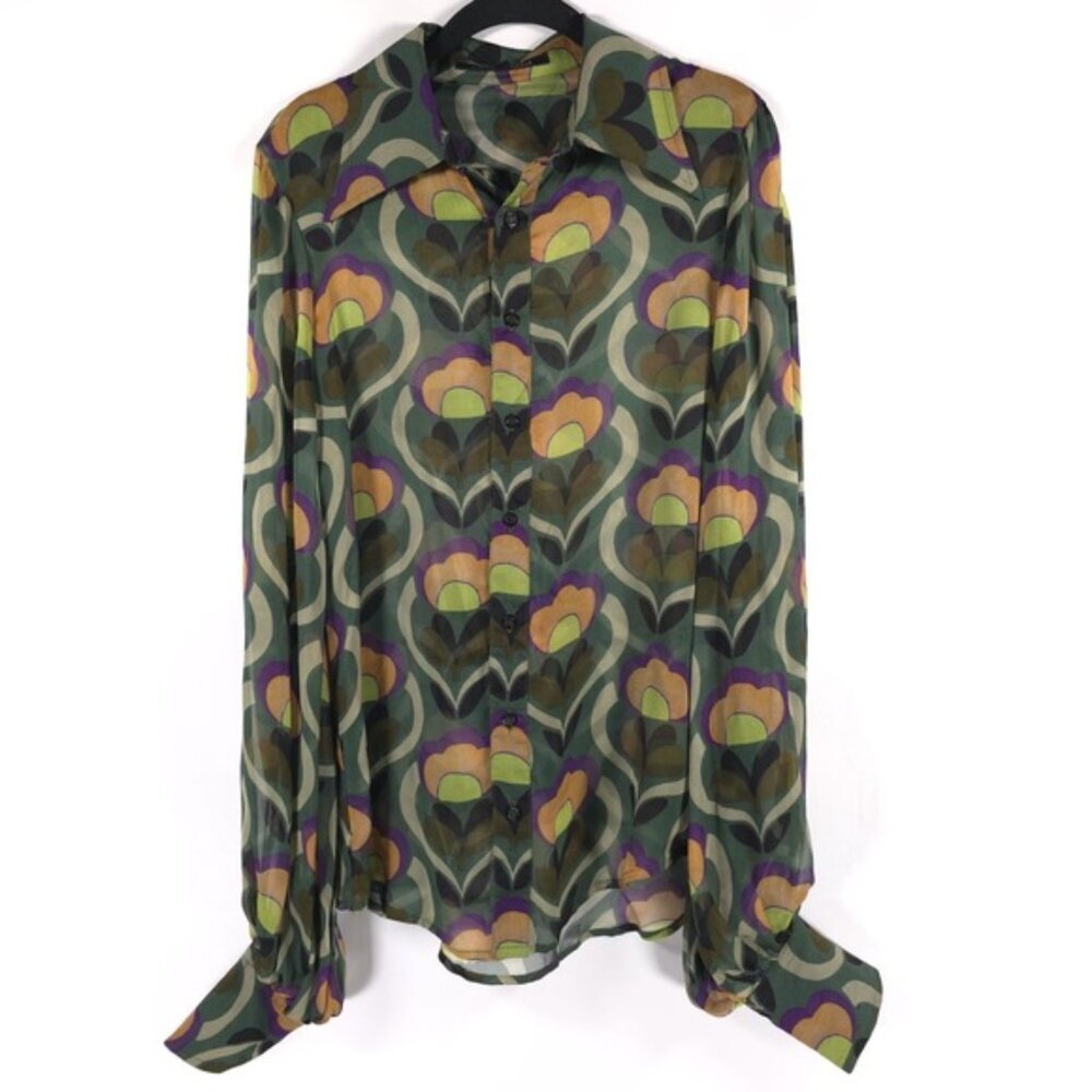 COUT DE LA LIBERTE 100% SILK Isaac Bell Sleeve Button Top Print M338751 Size XS